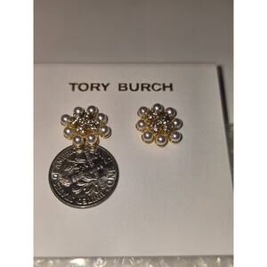 Tory Burch Stud Earrings w/Pave Logo & Small Pearls NEW